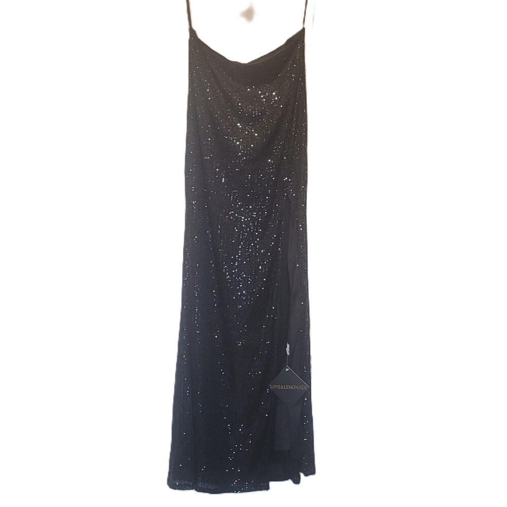 NWT Love & Lemonade Black Sequin Beaded Strapless Long Formal Gown Size L Prom